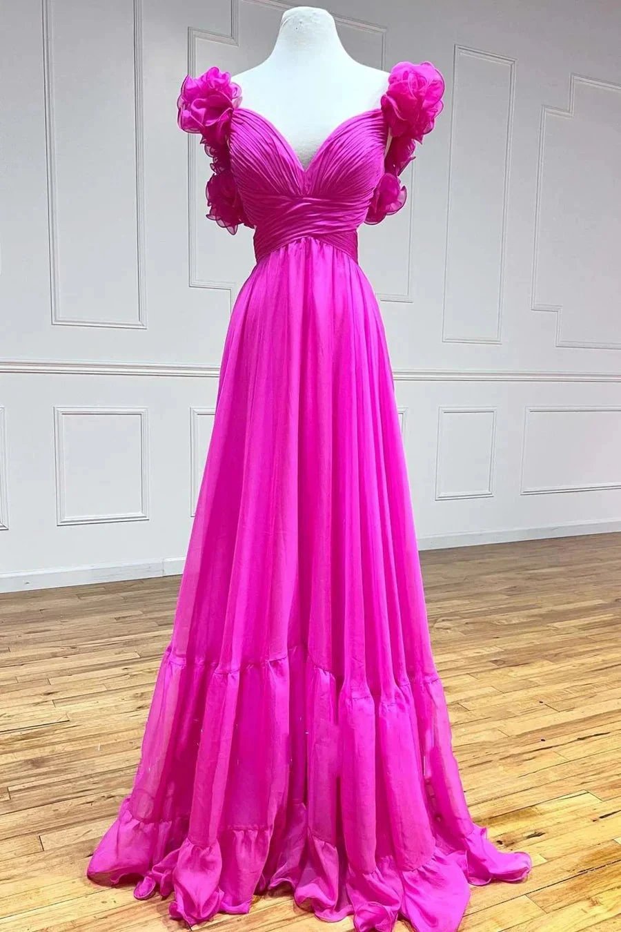 Aadhya | Lace-Up Fuchsia V-Neck Ruffle Pleated Long Prom Dress by KissProm