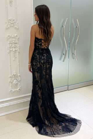 Itzayana | Vestido de fiesta de sirena con apliques de encaje negro y escote corazón