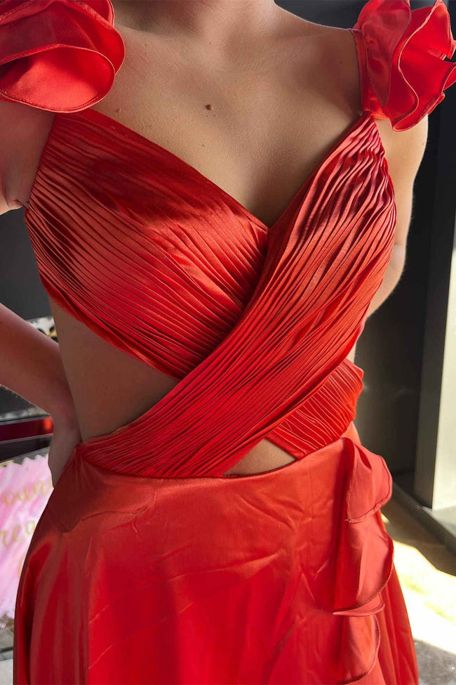 Brittany | Red Cutout Ruffle A-Line Long Prom Dress with Slit Main Image