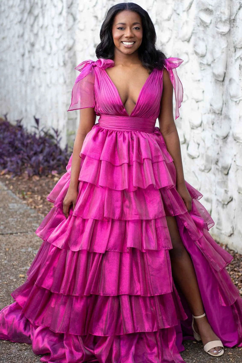 August | Glitter Tie Straps Pink Plunging Neck Tiered Long Prom Dress by KissProm
