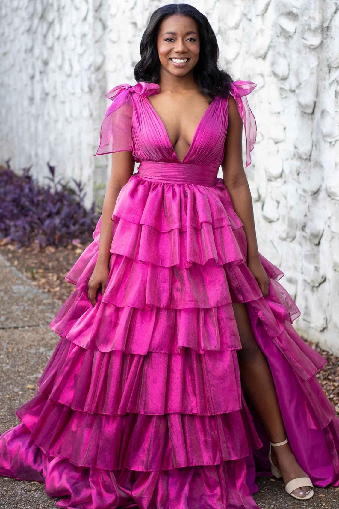 August | Glitter Tie Straps Pink Plunging Neck Tiered Long Prom Dress by KissProm
