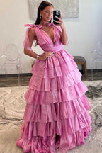 August | Glitter Tie Straps Pink Plunging Neck Tiered Long Prom Dress by KissProm
