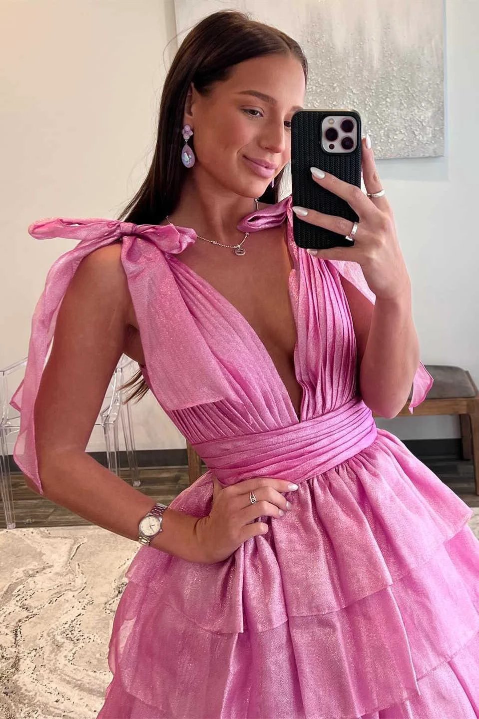 August | Glitter Tie Straps Pink Plunging Neck Tiered Long Prom Dress by KissProm