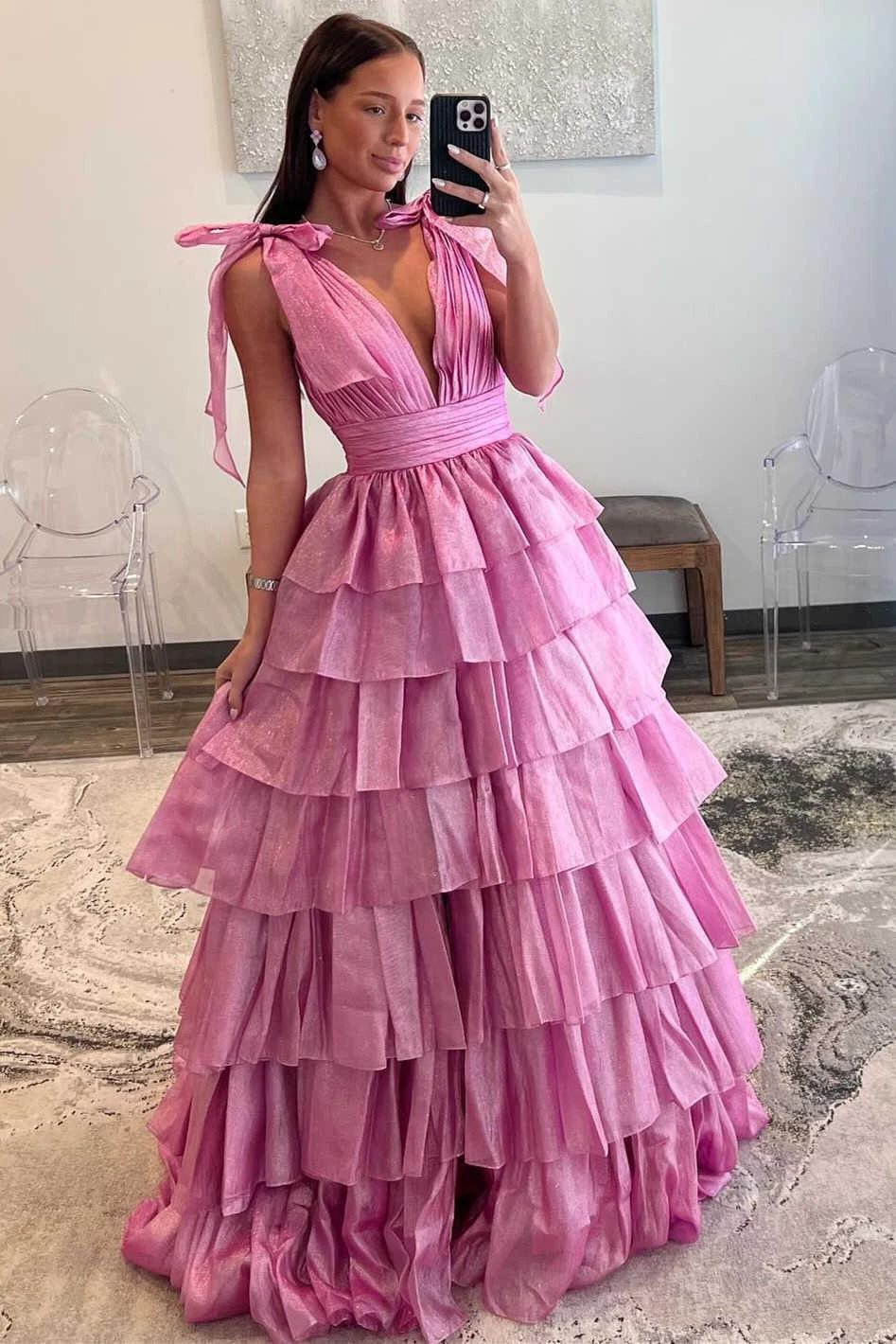 August | Glitter Tie Straps Pink Plunging Neck Tiered Long Prom Dress by KissProm