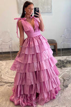 August | Glitter Tie Straps Pink Plunging Neck Tiered Long Prom Dress by KissProm