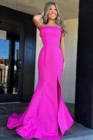 Denver | Vestido de fiesta largo con abertura y corte sirena, sin tirantes, color magenta con volantes