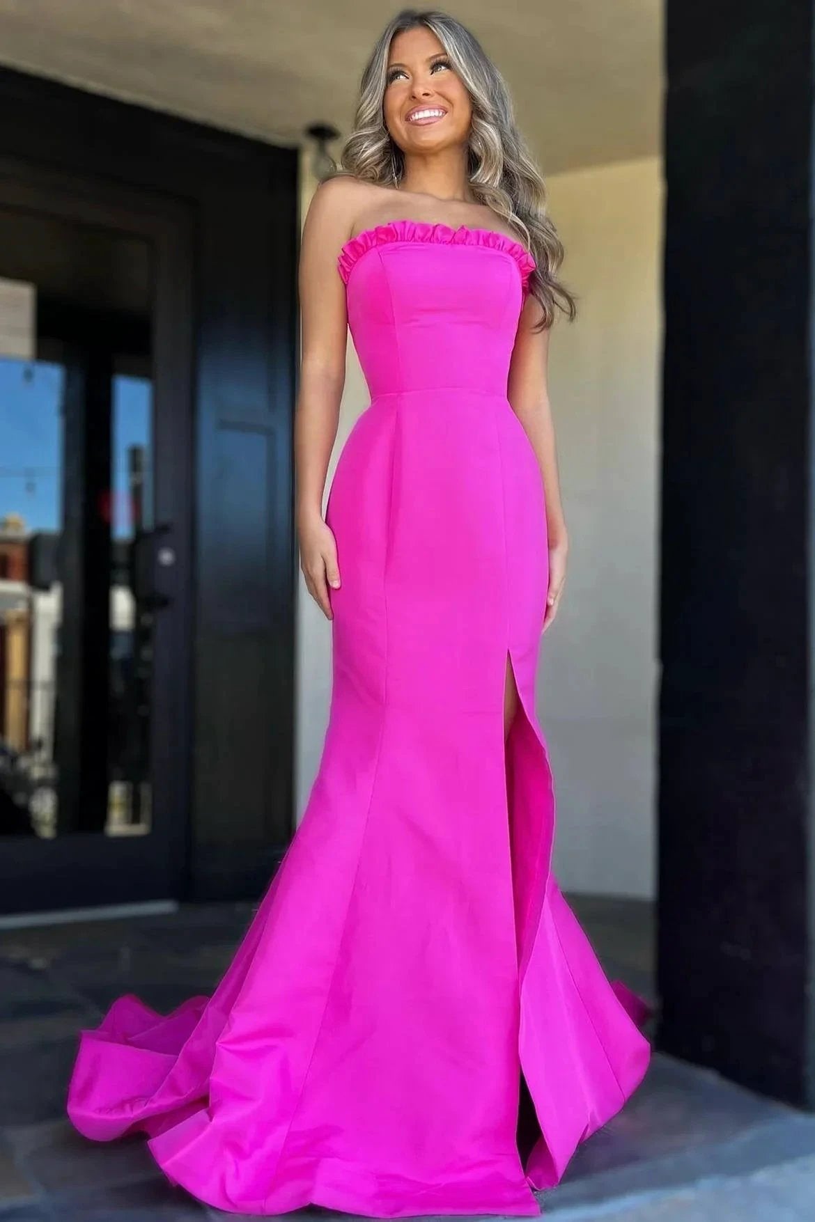 Denver | Strapless Maganta Ruffle Mermaid Slit Long Prom Dress by KissProm