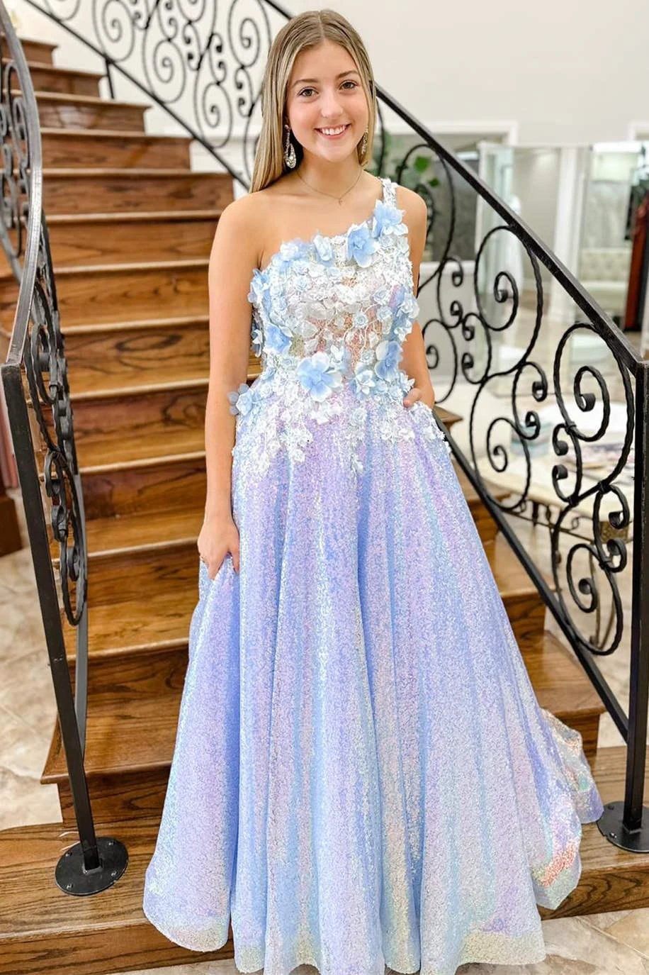 Azaria | Lilac One Shoulder 3D Flowers Sequin Long Formal Dress by KissProm