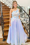 Azaria | Lilac One Shoulder 3D Flowers Sequin Long Formal Dress by KissProm