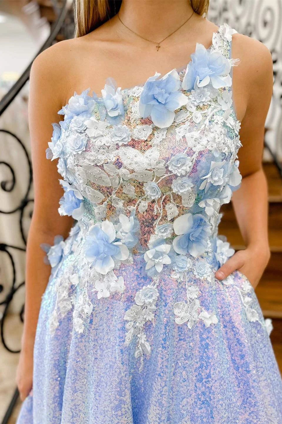 Azaria | Lilac One Shoulder 3D Flowers Sequin Long Formal Dress by KissProm