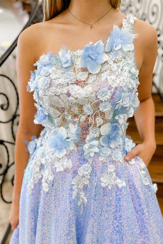Azaria | Lilafarbenes langes Abendkleid mit One-Shoulder-Träger und 3D-Blumen