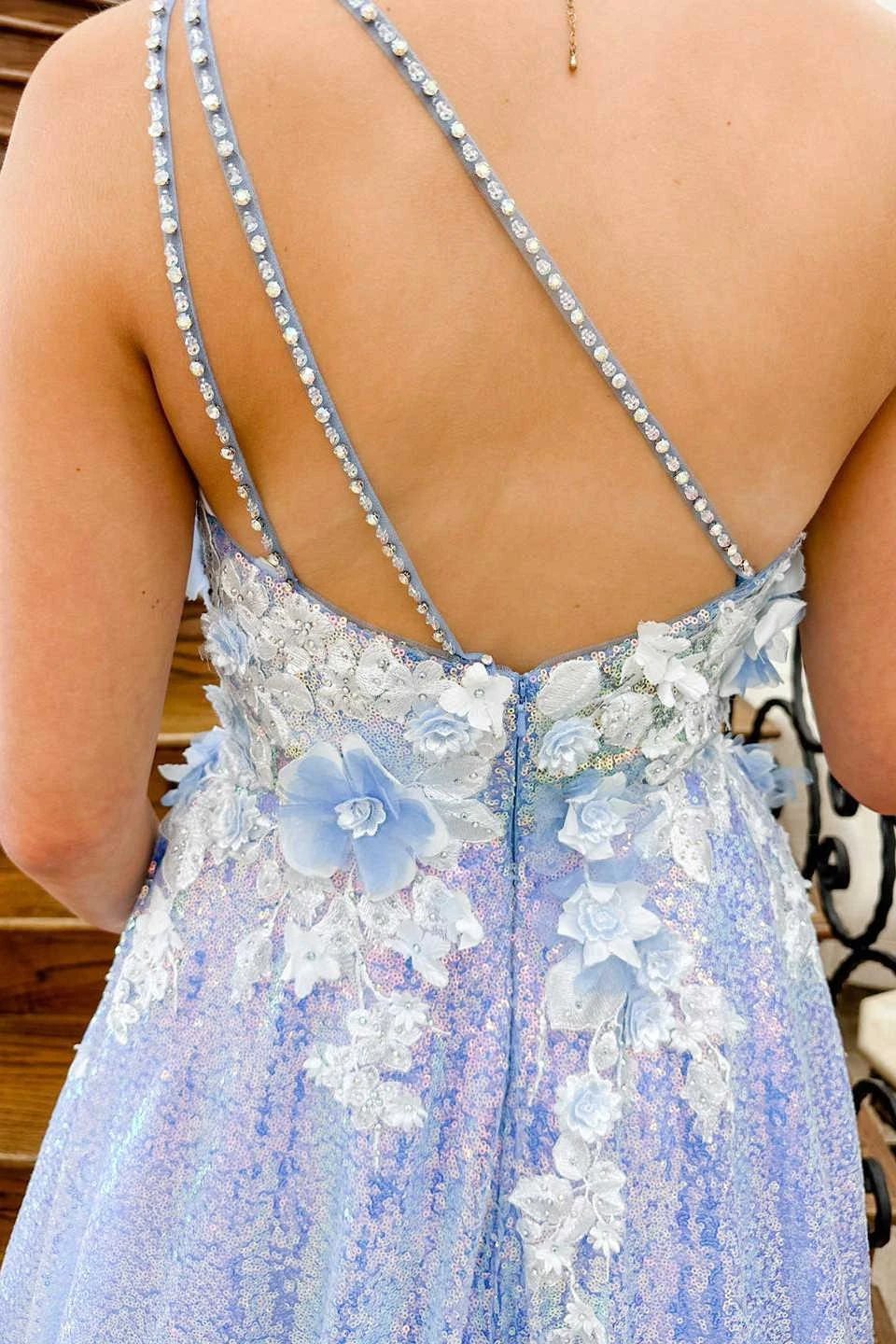 Azaria | Lilac One Shoulder 3D Flowers Sequin Long Formal Dress by KissProm