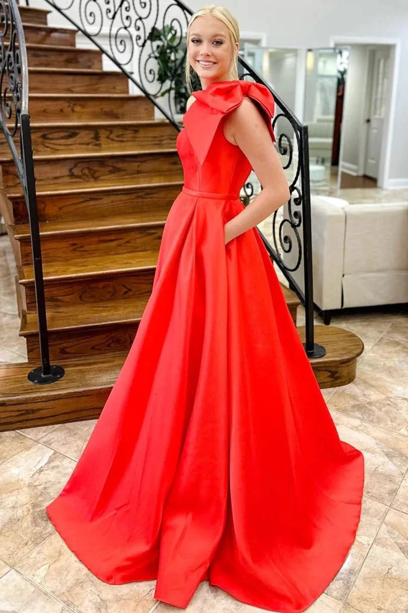 Aliya | Red One Shoulder Bow Tie Satin Prom Dress with Pockets by KissProm