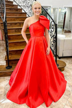 Aliya | Red One Shoulder Bow Tie Satin Prom Dress with Pockets by KissProm