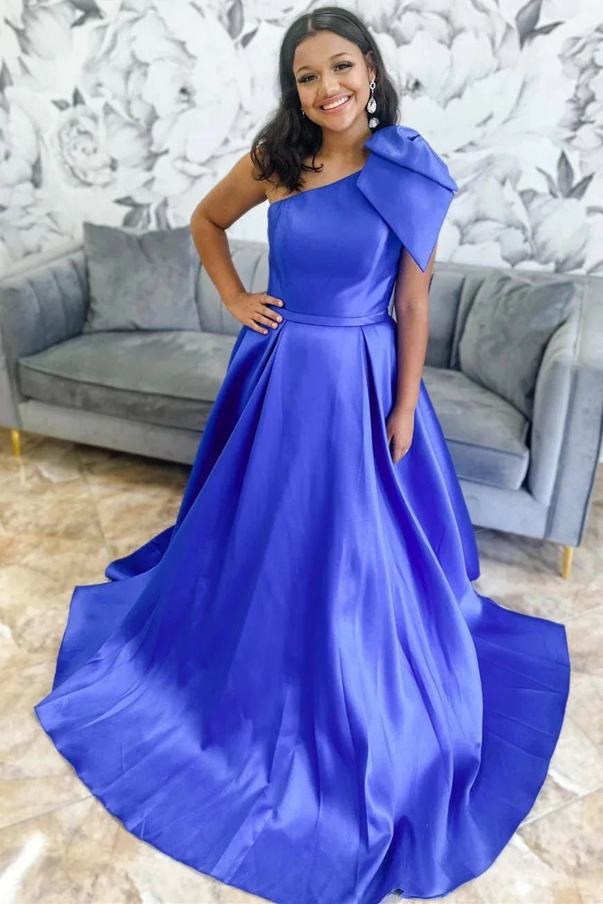 Aliya | Red One Shoulder Bow Tie Satin Prom Dress with Pockets by KissProm