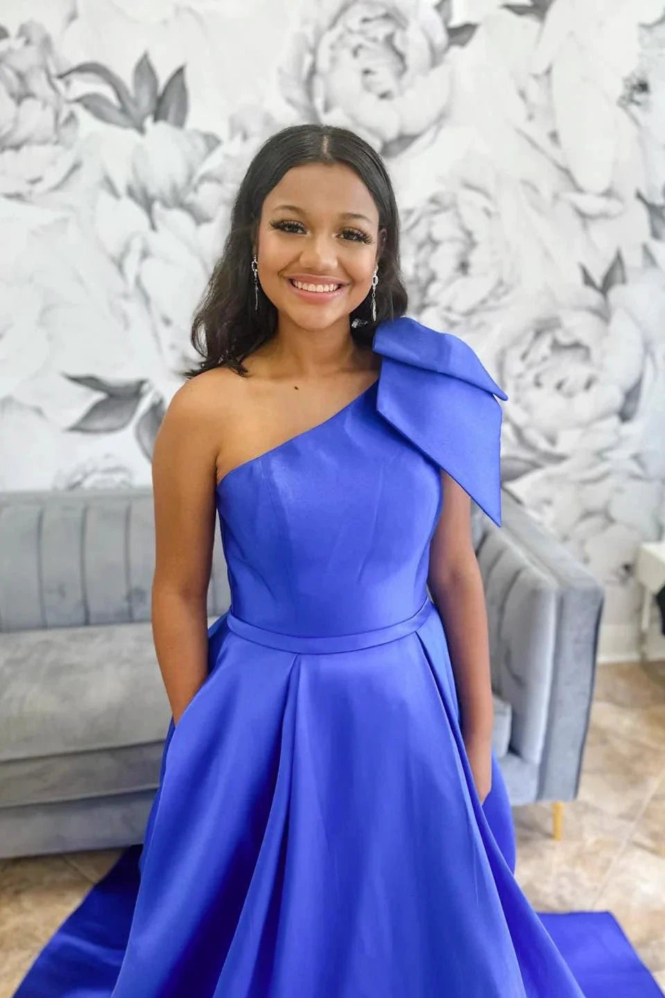 Aliya | Red One Shoulder Bow Tie Satin Prom Dress with Pockets by KissProm