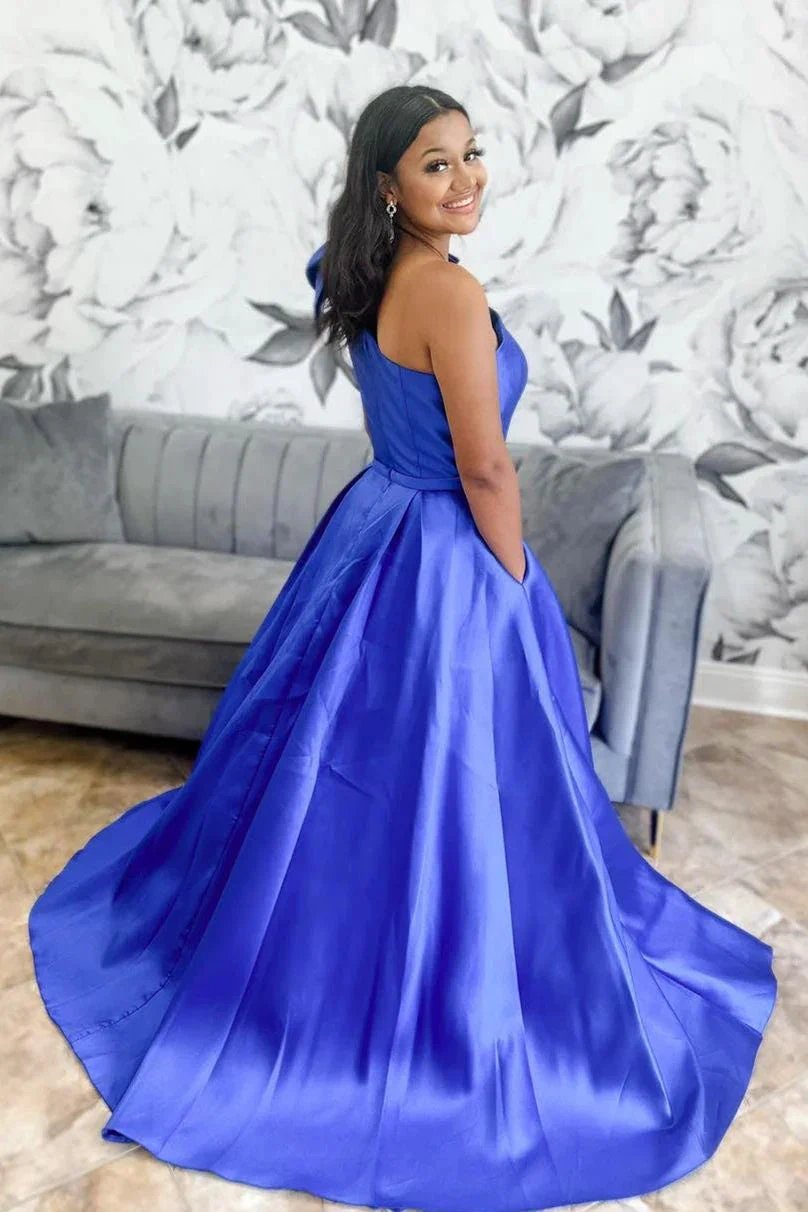 Aliya | Red One Shoulder Bow Tie Satin Prom Dress with Pockets by KissProm