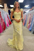 Mckinley | Yellow Ruffle Straps 3D Flower Mermaid Long Prom Dress by KissProm
