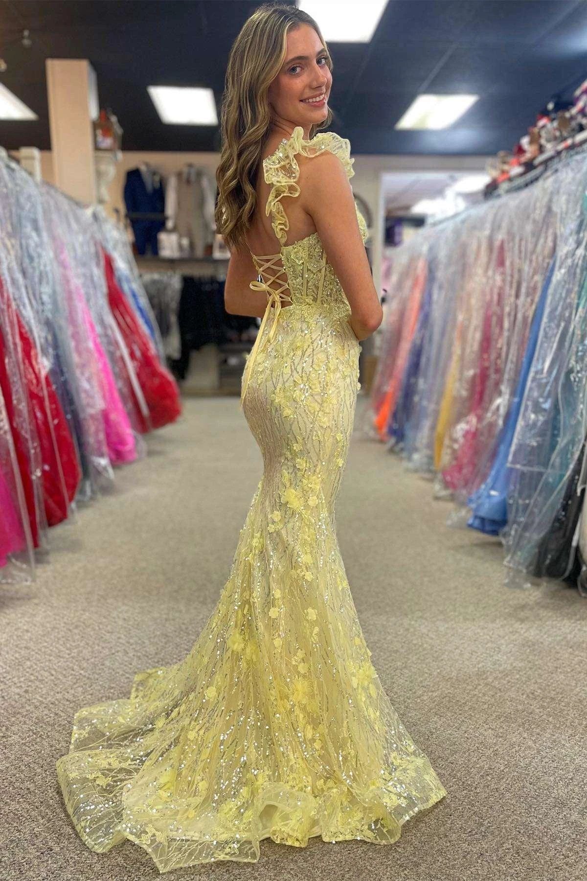 Mckinley | Yellow Ruffle Straps 3D Flower Mermaid Long Prom Dress by KissProm