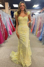 Mckinley | Yellow Ruffle Straps 3D Flower Mermaid Long Prom Dress by KissProm