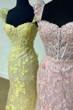 Mckinley | Yellow Ruffle Straps 3D Flower Mermaid Long Prom Dress by KissProm