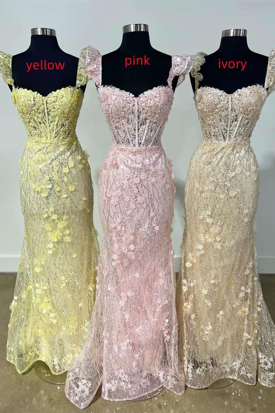 Mckinley | Yellow Ruffle Straps 3D Flower Mermaid Long Prom Dress by KissProm