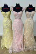 Mckinley | Yellow Ruffle Straps 3D Flower Mermaid Long Prom Dress by KissProm