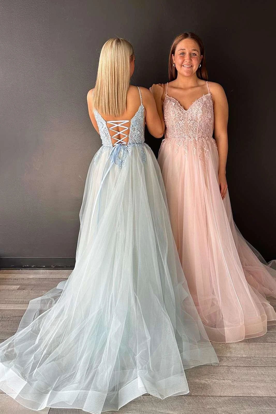 Aileen | V-Neck Lace-Up Appliques Tulle A-Line Prom Dress by KissProm
