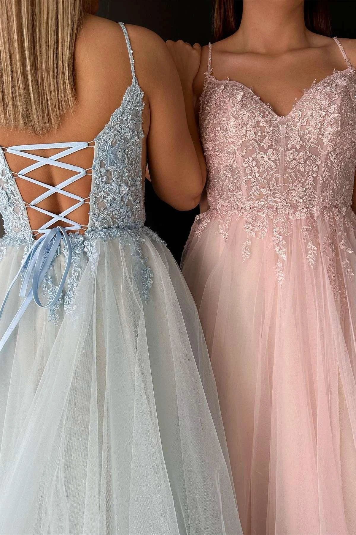 Aileen | V-Neck Lace-Up Appliques Tulle A-Line Prom Dress by KissProm