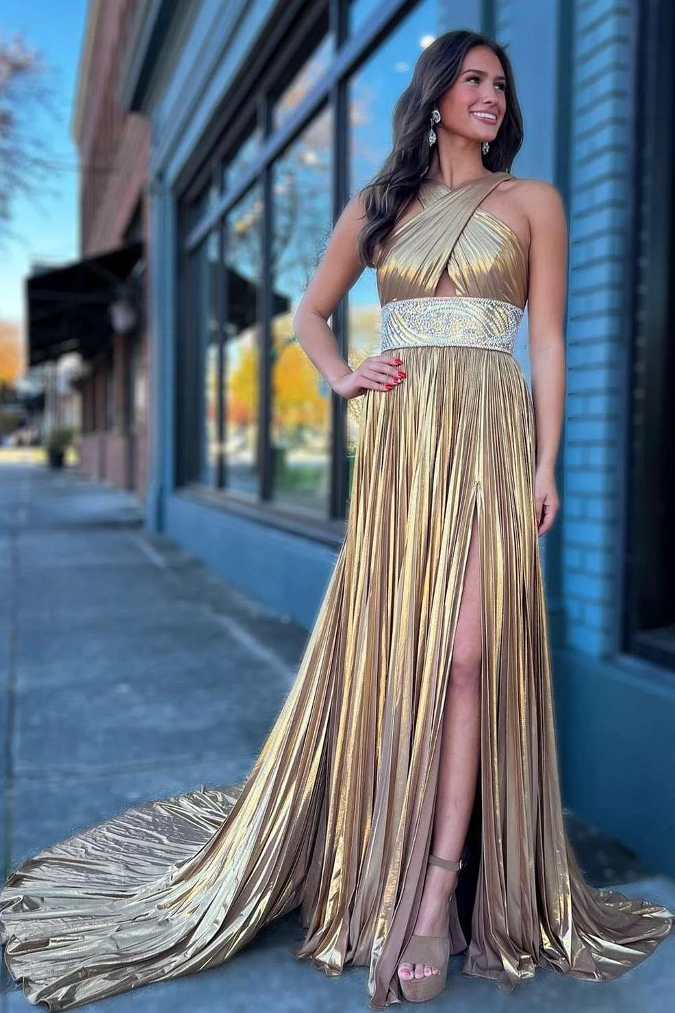 Macy | Pleated Criss Cross Straps Metallic Long Prom Dress by KissProm