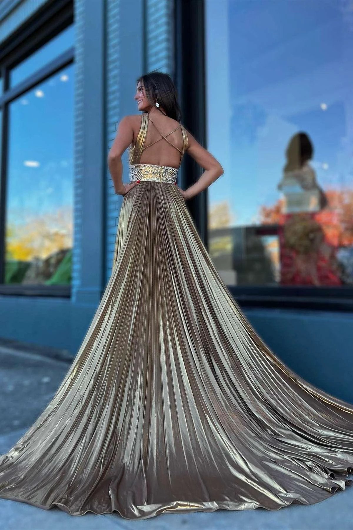 Macy | Pleated Criss Cross Straps Metallic Long Prom Dress by KissProm