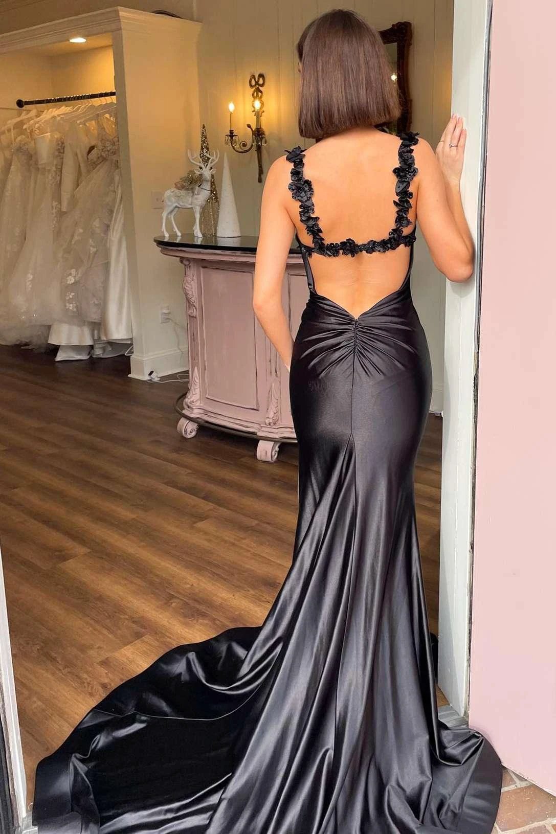 Hana | Black Straps Floral Mermaid Long Prom Dress by KissProm
