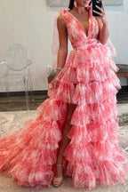 Kylee | V-Neck Tie Straps Red Floral Print Layered Long Prom Dress by KissProm
