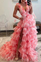 Kylee | V-Neck Tie Straps Red Floral Print Layered Long Prom Dress by KissProm