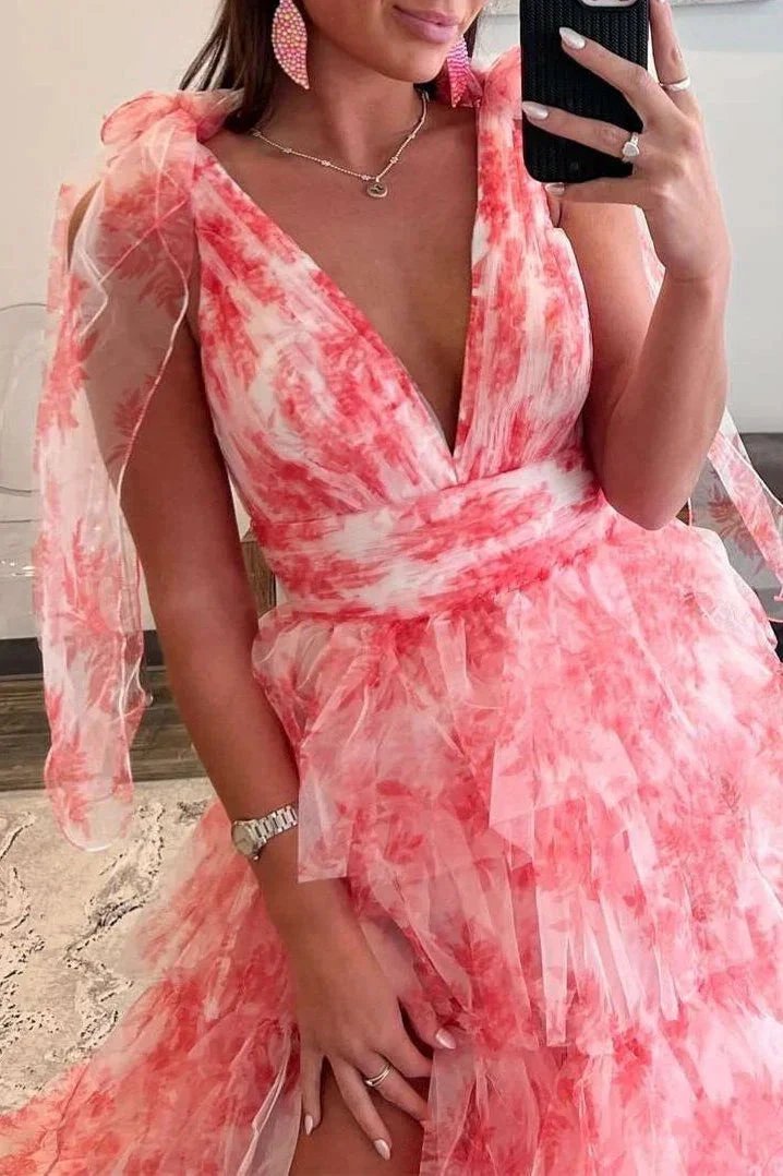 Kylee | V-Neck Tie Straps Red Floral Print Layered Long Prom Dress by KissProm