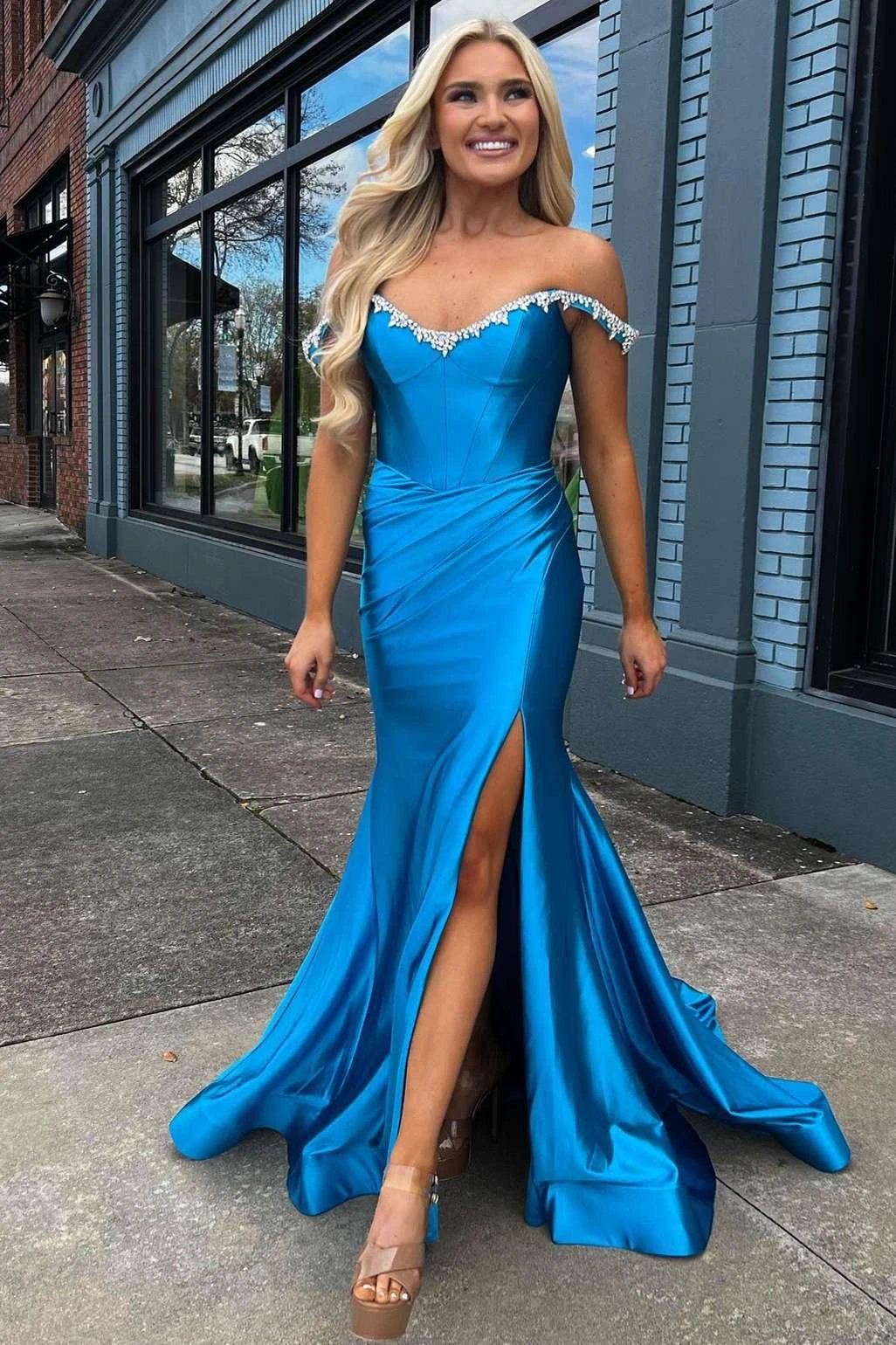 Bellamy | Mermaid V Neck Red Satin Slit Prom Dress with Beading by KissProm