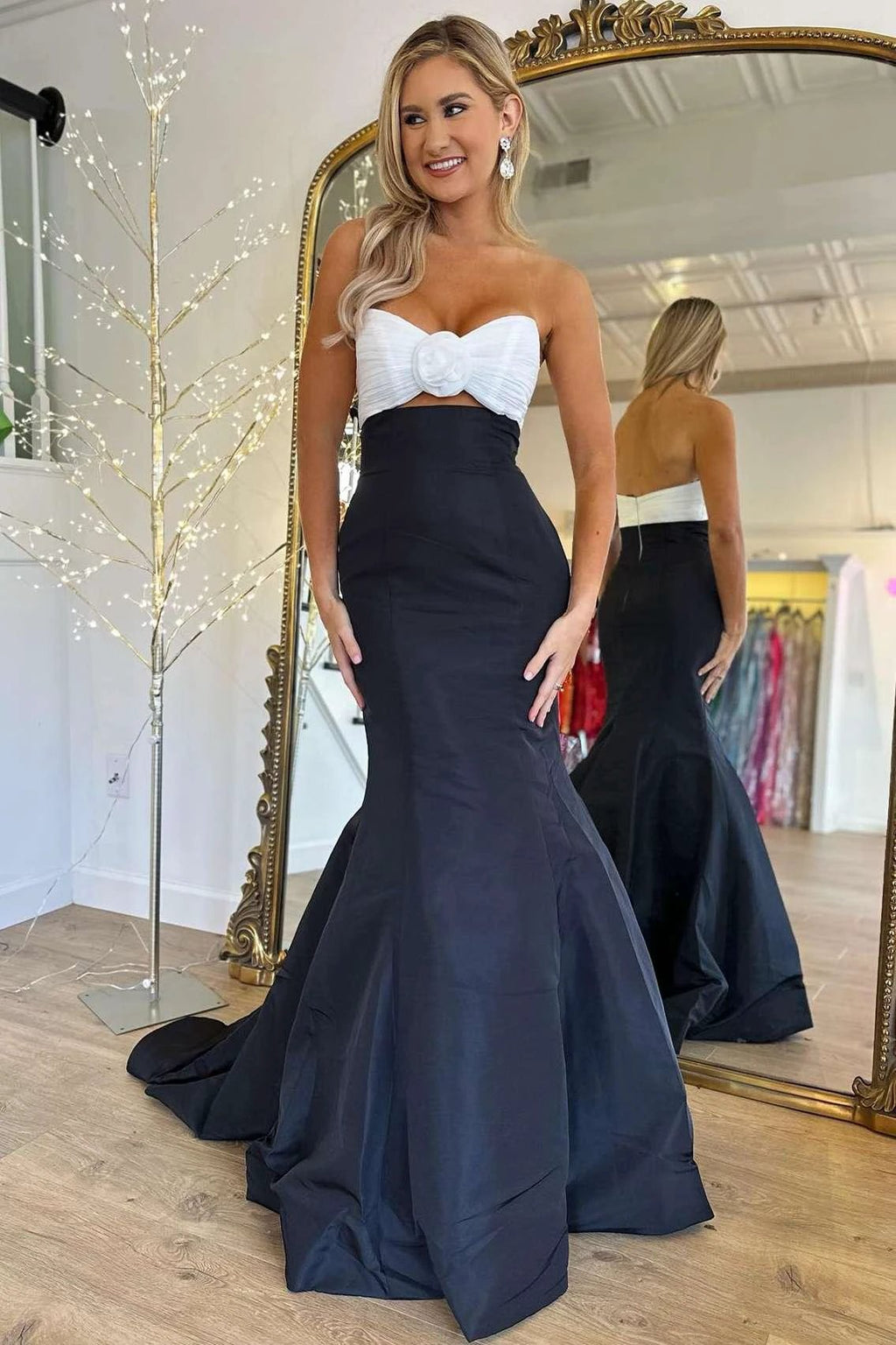Julie | Strapless White and Black Ruched Mermaid Prom Dress by KissProm