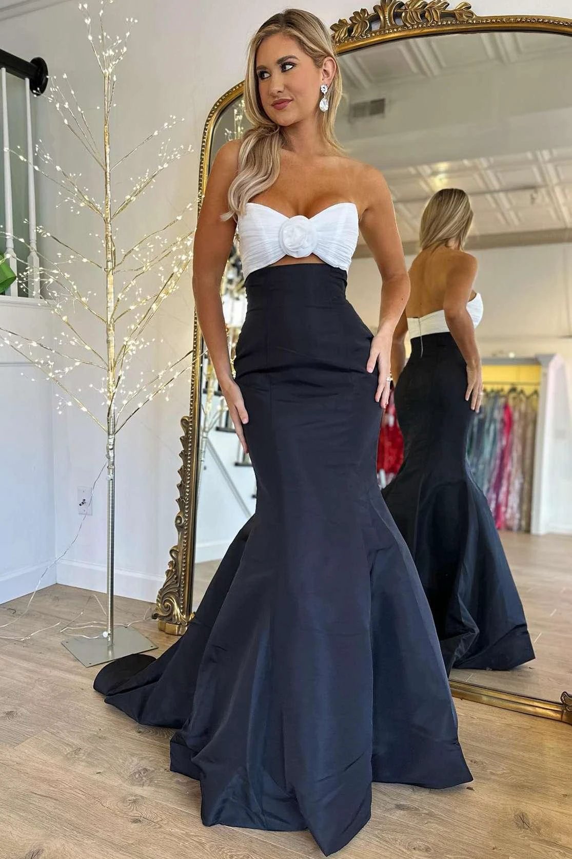 Julie | Strapless White and Black Ruched Mermaid Prom Dress by KissProm