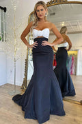Julie | Strapless White and Black Ruched Mermaid Prom Dress by KissProm