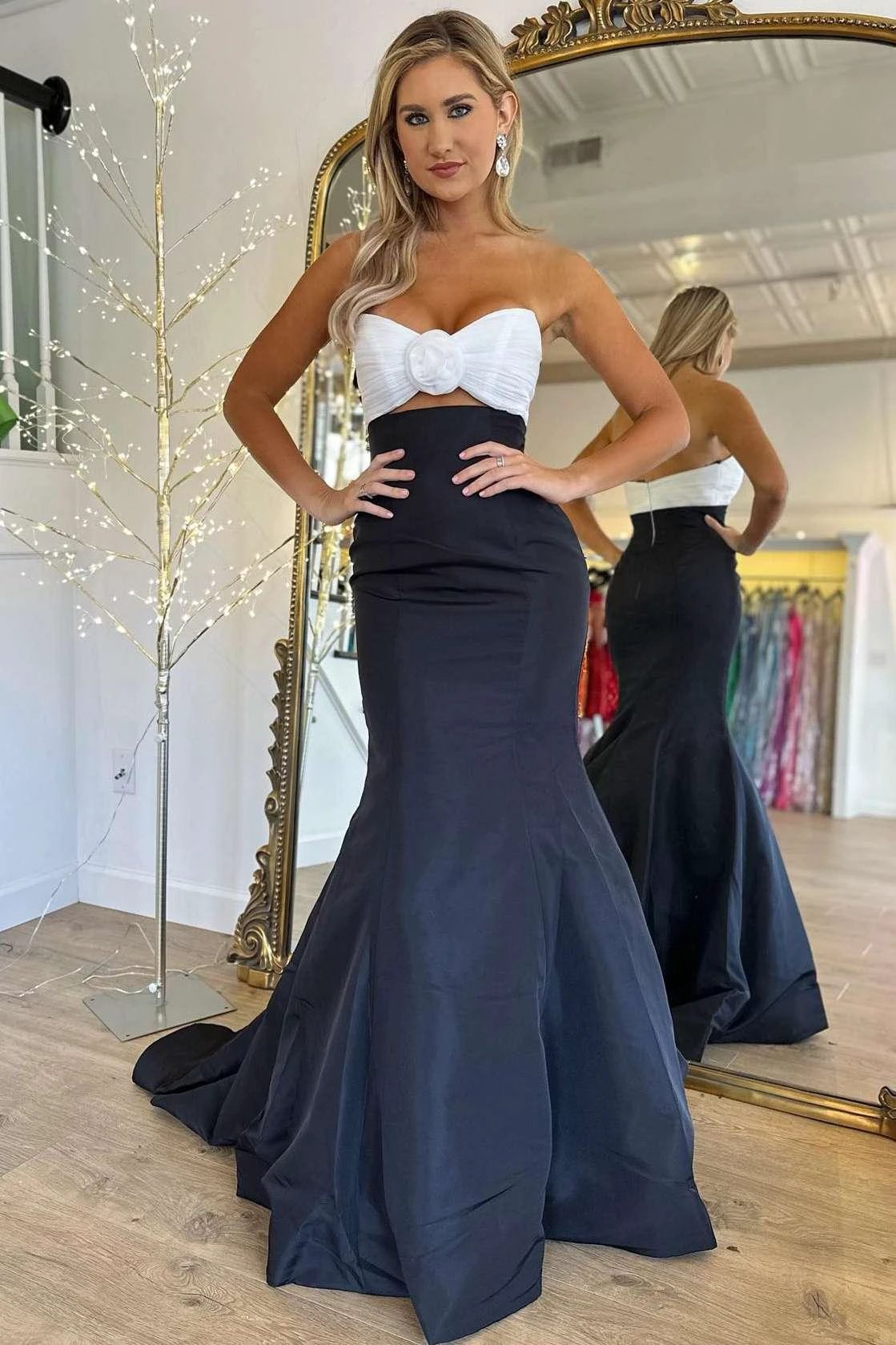 Julie | Strapless White and Black Ruched Mermaid Prom Dress by KissProm