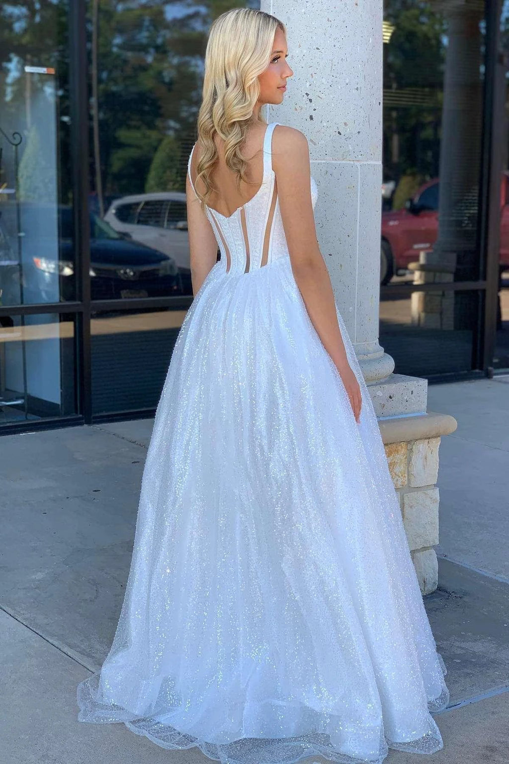 Priscilla | Square Neck White Sequin A-Line Prom Dress by KissProm