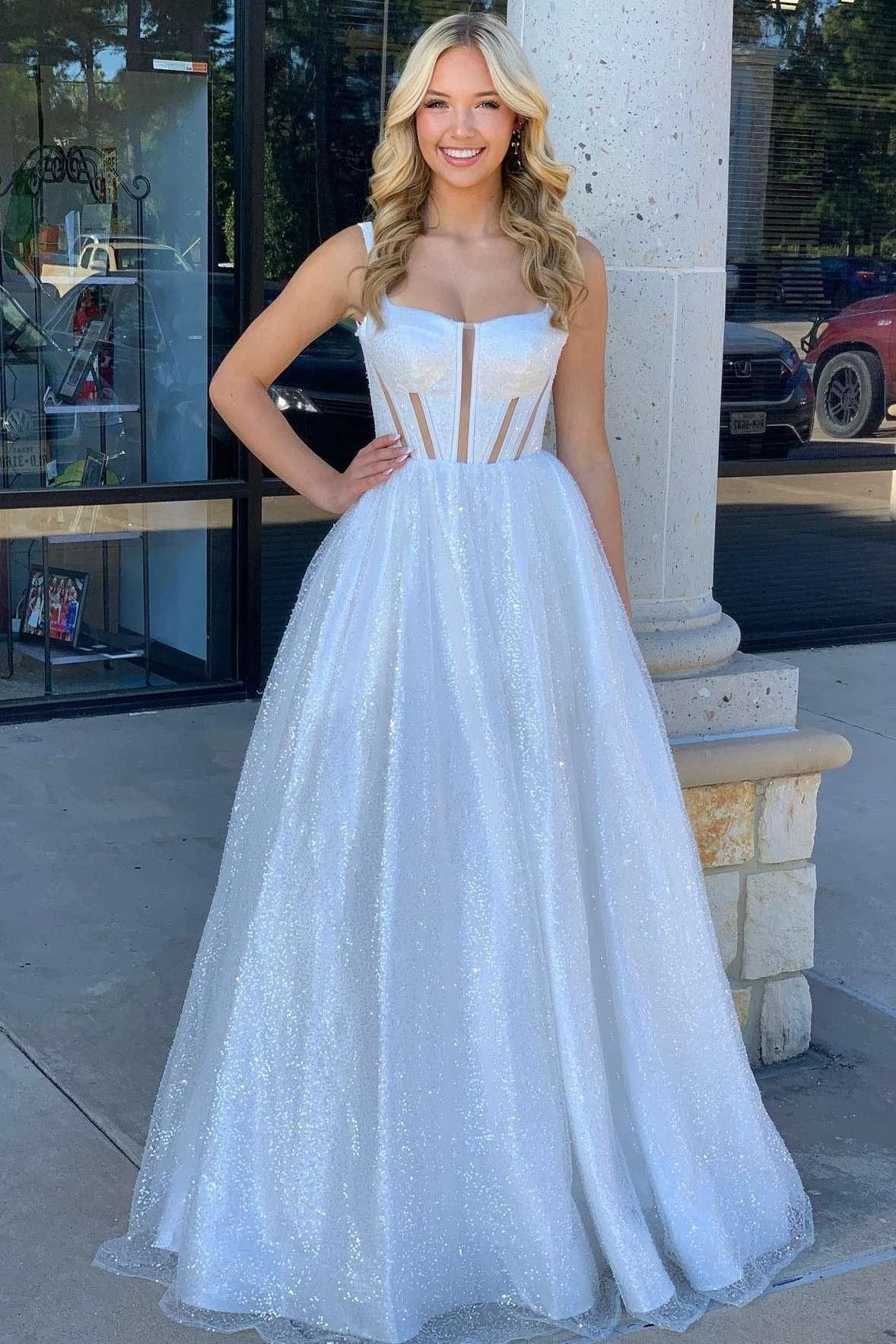 Priscilla | Square Neck White Sequin A-Line Prom Dress by KissProm