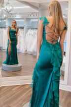 Ailani | Emerald Green Square Neck Ruffle Slit Prom Dress by KissProm
