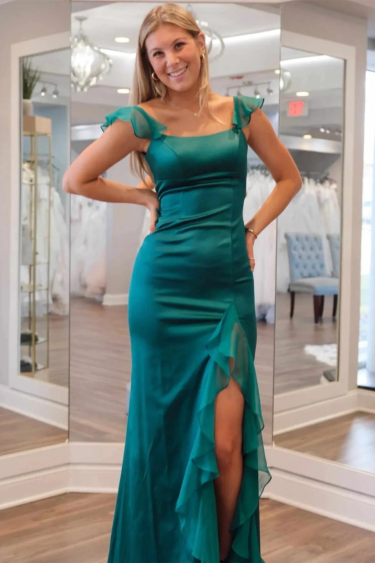 Ailani | Emerald Green Square Neck Ruffle Slit Prom Dress by KissProm