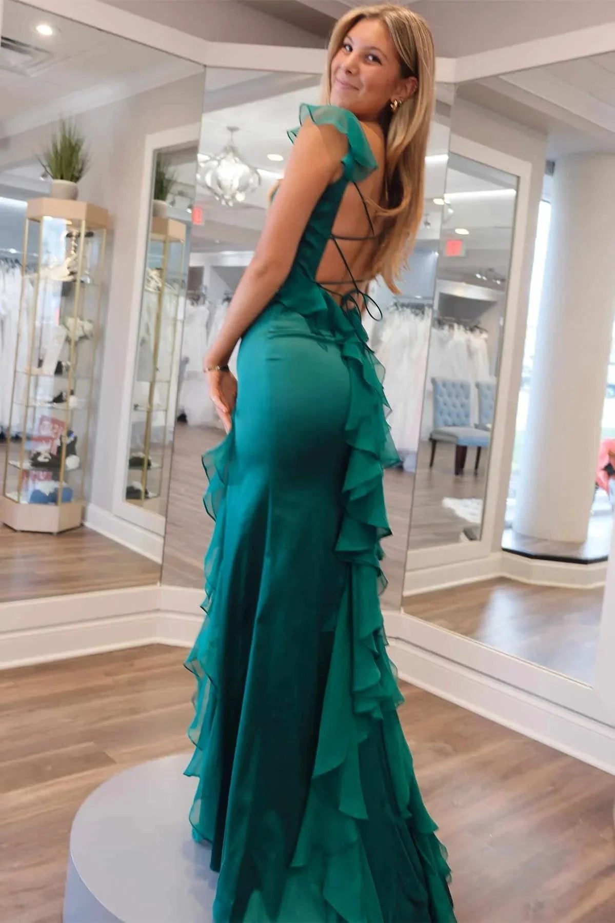 Ailani | Emerald Green Square Neck Ruffle Slit Prom Dress by KissProm