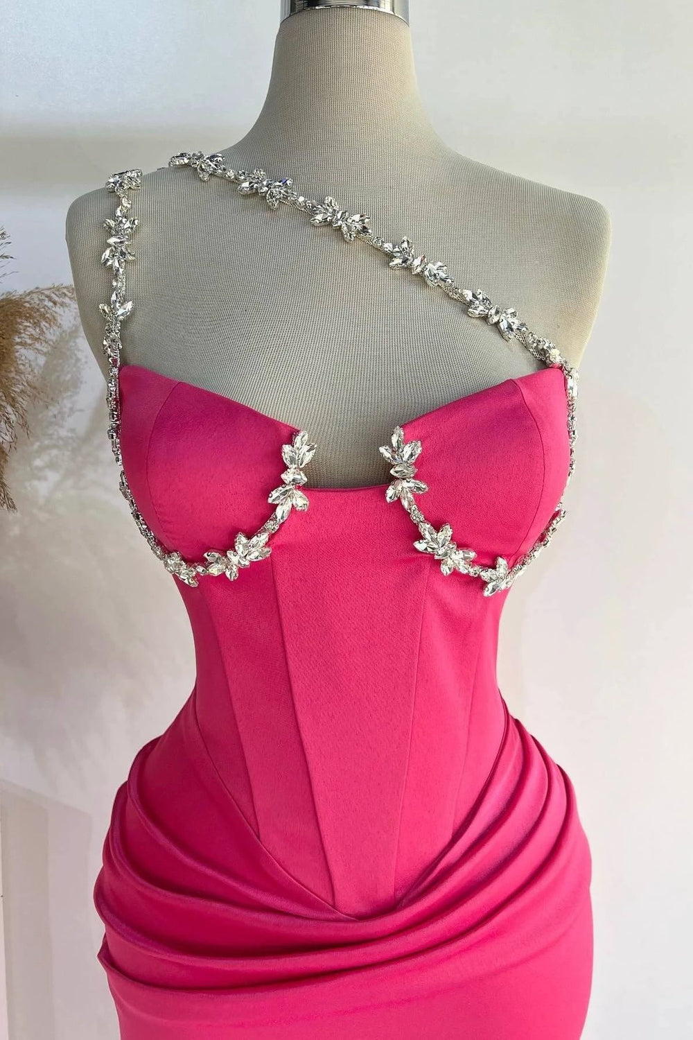 Raina | Hot Pink One Shoulder Rhinestones Pleated Long Prom Dresses by KissProm