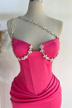 Raina | Hot Pink One Shoulder Rhinestones Pleated Long Prom Dresses by KissProm