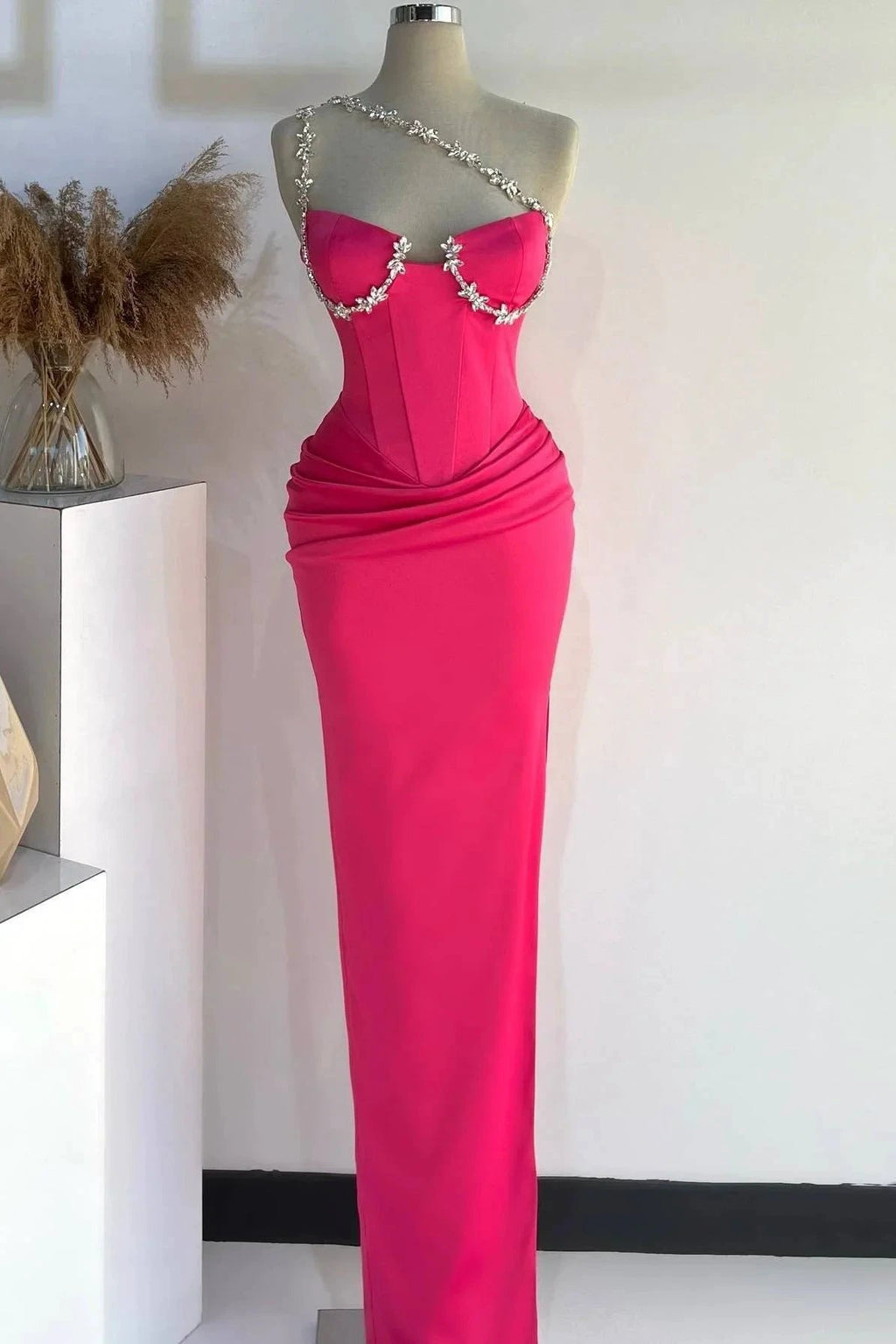 Raina | Hot Pink One Shoulder Rhinestones Pleated Long Prom Dresses by KissProm