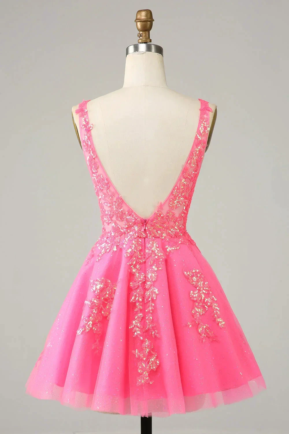 Fuchsia Sequined V Neck Backless Short Homecoming Dress Y4093 by simplepromdress