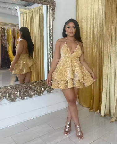 Vestido de cóctel corto, sexy, negro brillante, con espalda descubierta y lentejuelas escalonadas, para fiestas de graduación y noche, vestido negro de regreso a casa Y1504